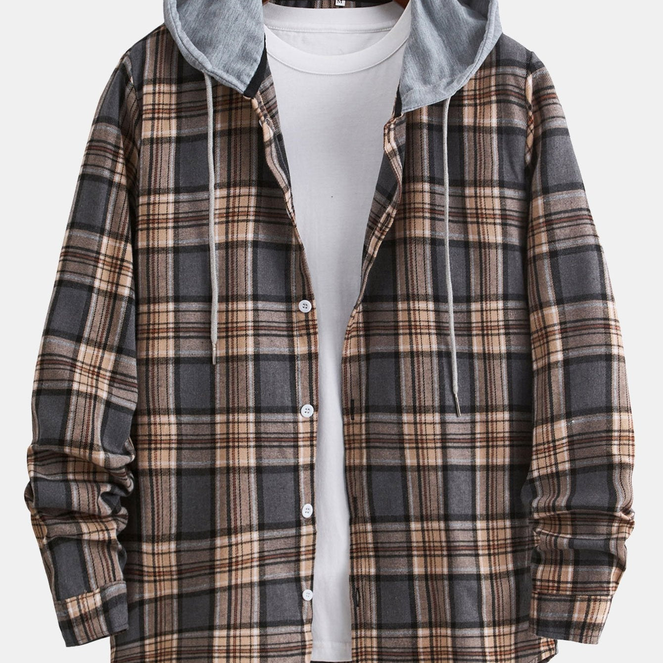 Plaid Hooded Button-Up Shirt