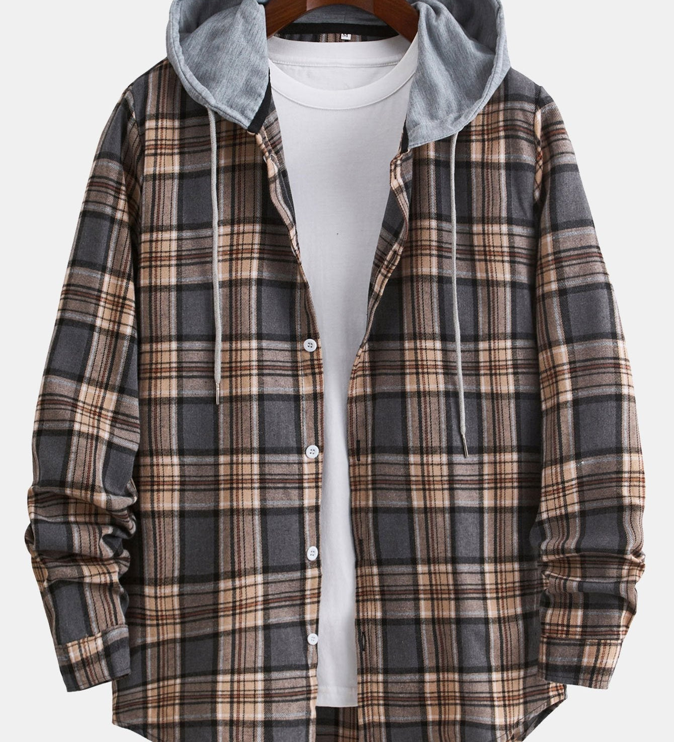 Plaid Hooded Button-Up Shirt