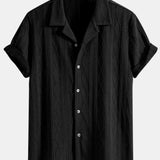 Geometric Rhombus Jacquard Knit Cuban Shirt with Straight Leg Linen Trousers