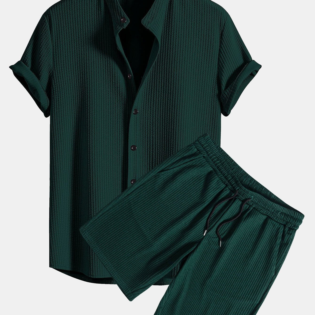 Ribbed Muscle Fit Stand Collar Shirt and Shorts Set