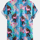 Tropical Print Button-Up Shirt and Swim Shorts Featuring Orangutans