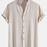 Short Sleeve Stand Collar Shirt in Linen-Rayon Blend