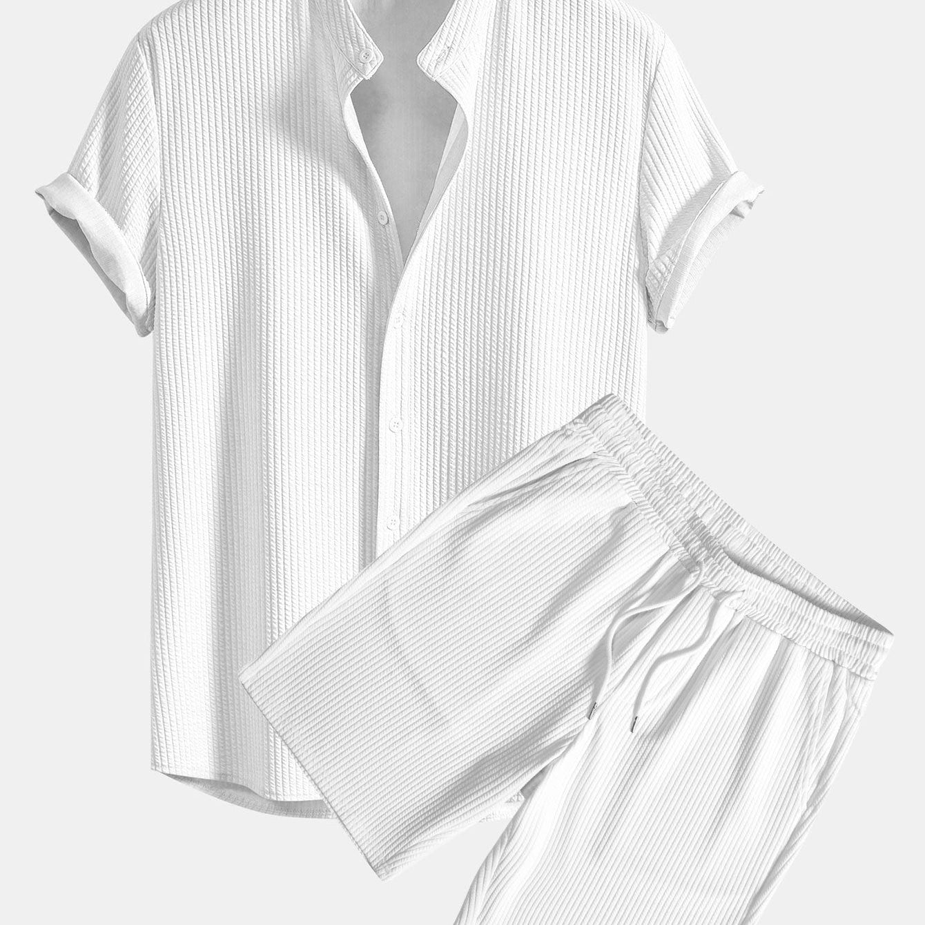 Ribbed Muscle Fit Stand Collar Shirt and Shorts Set