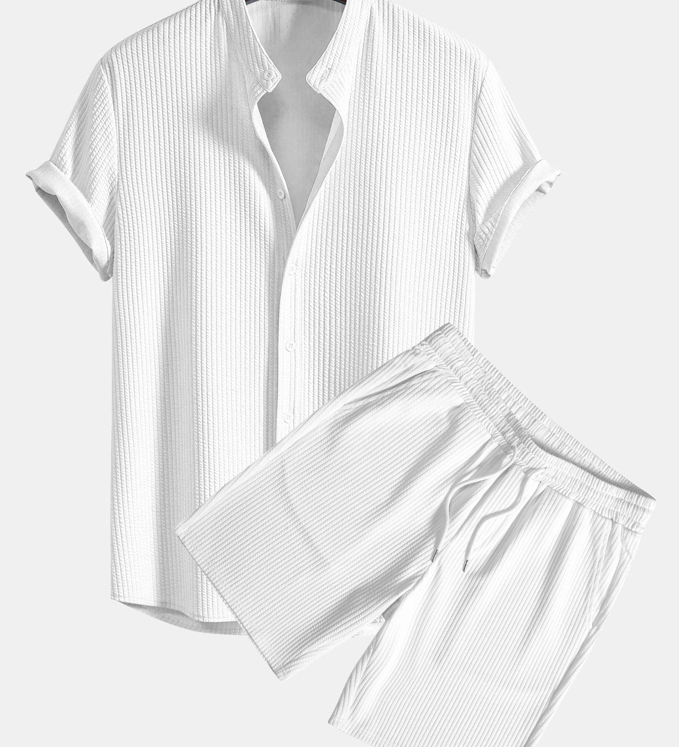 Ribbed Muscle Fit Stand Collar Shirt and Shorts Set