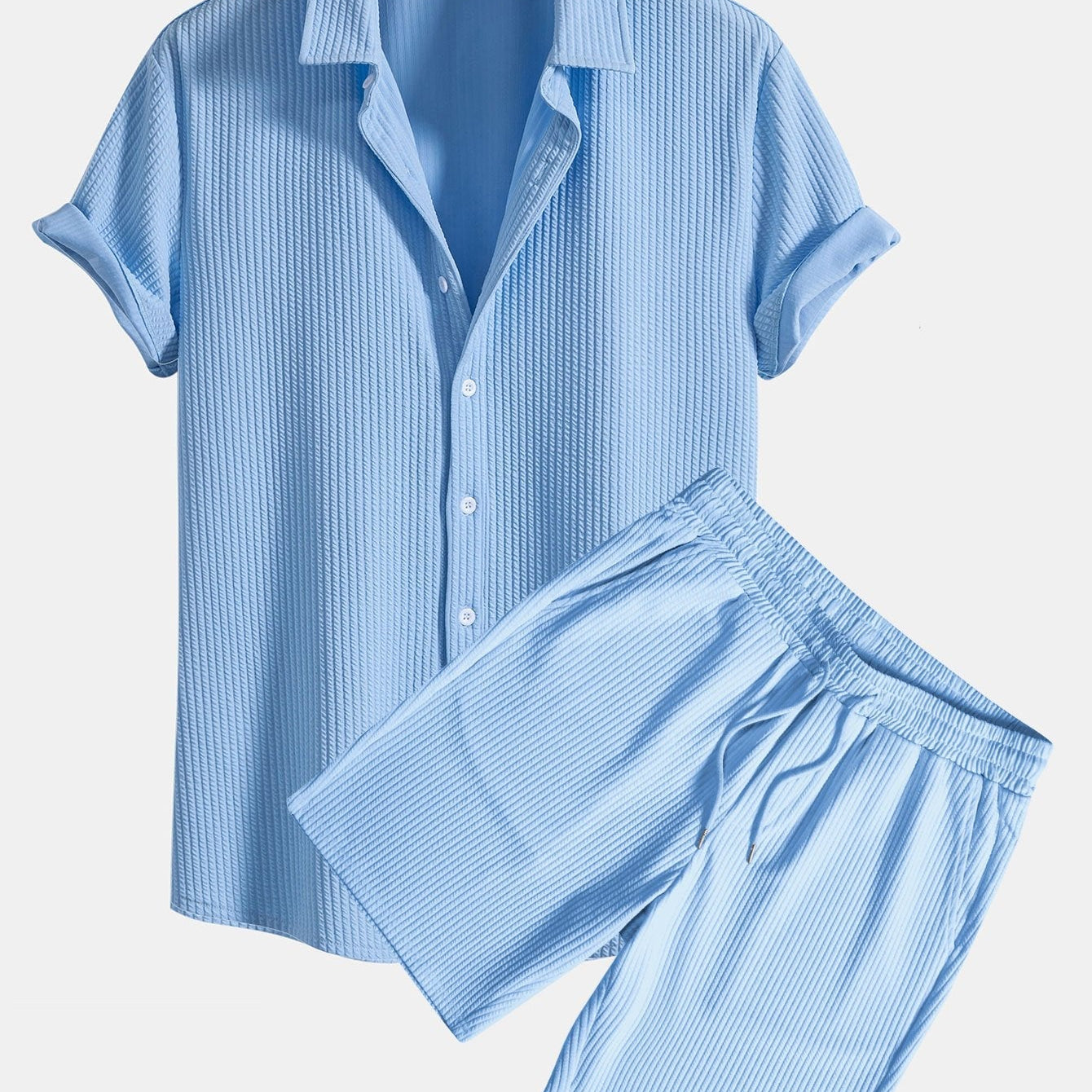 Ribbed Muscle Fit Button-Up Shirt and Shorts Set