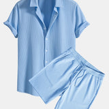 Ribbed Muscle Fit Button-Up Shirt and Shorts Set