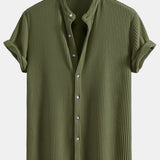 Waffle Textured Stand Collar Shirt with Drawstring Waffle Shorts