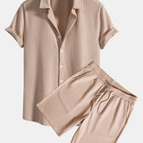 Ribbed Muscle Fit Button-Up Shirt and Shorts Set