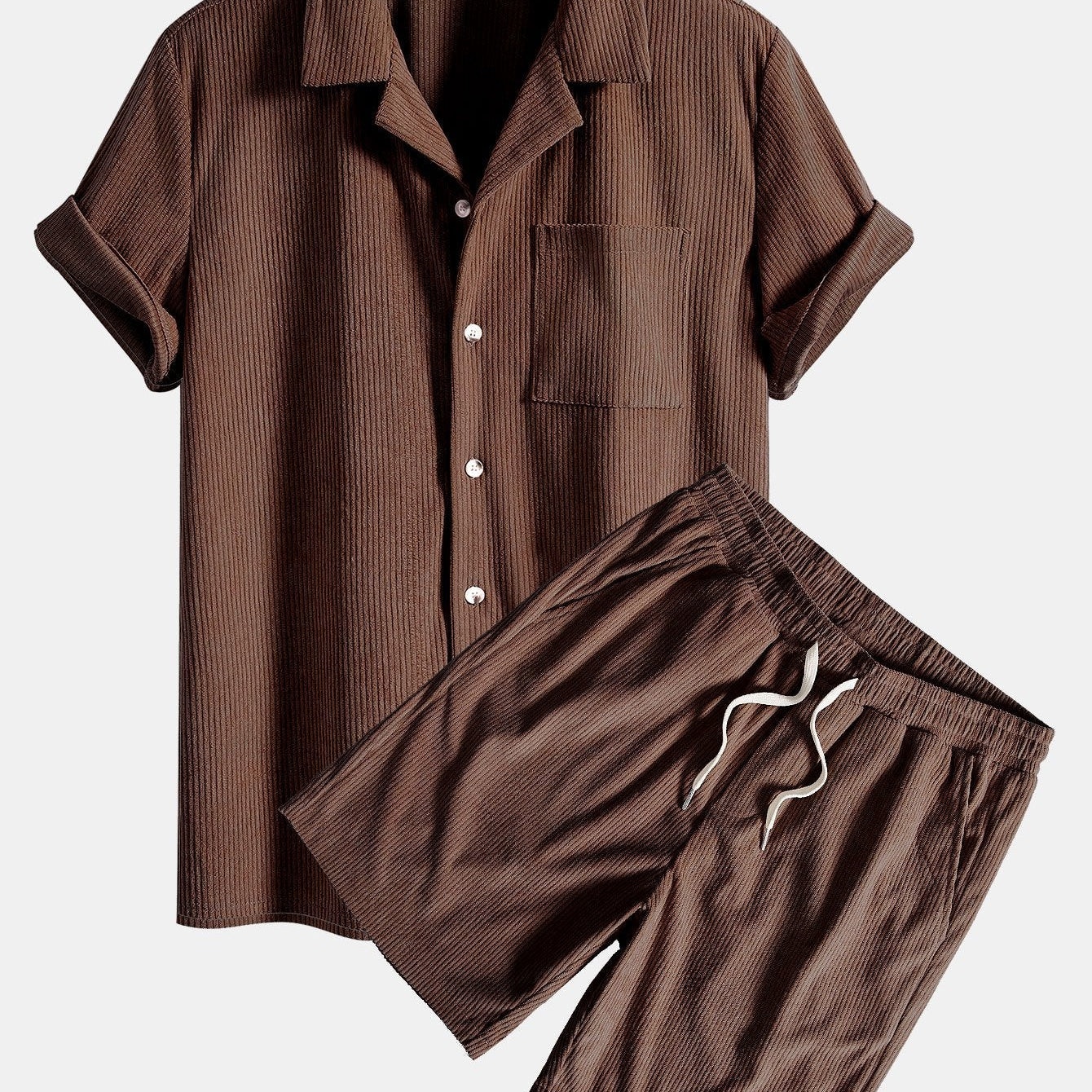 Corduroy Cuban Shirt and Shorts Set with Short Sleeves