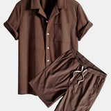 Corduroy Cuban Shirt and Shorts Set with Short Sleeves