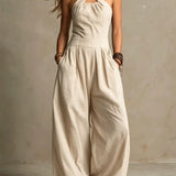 Bianca | Elegantiškas jumpsuit iš lino ir medvilnės su kryžminiu iškirpimu